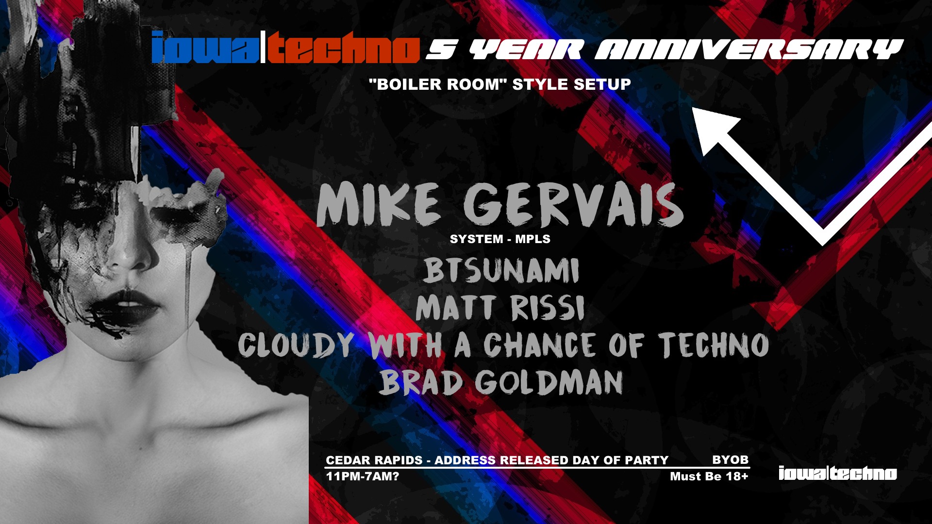 IowaTechno 5 Year Anniversary. A graphical description of the music lineup. Featuring Mike Gervais, BTsunami, Matt Rissi, Cloudy with a Chance of Techno, and Brad Goldman